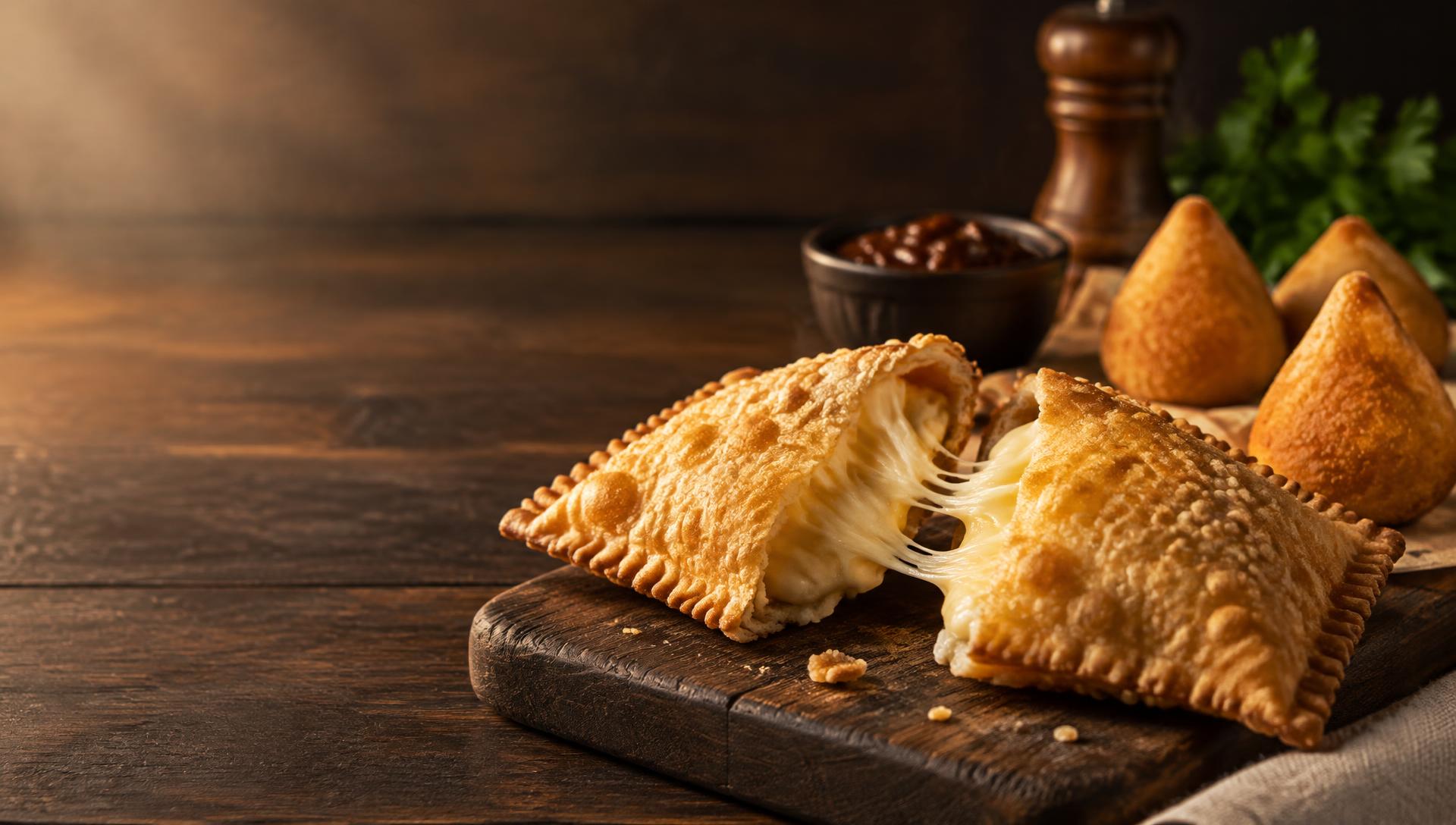 Pastel de feira brasileiro aberto com queijo derretido, ao lado de coxinhas douradas