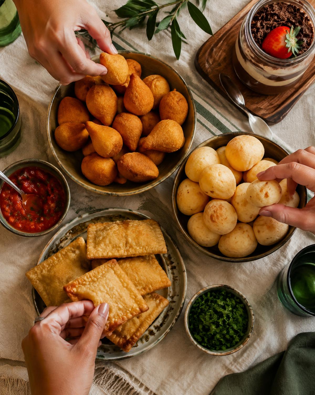 Mesa com coxinhas, pães de queijo, pastéis e bolo de pote a ser partilhada